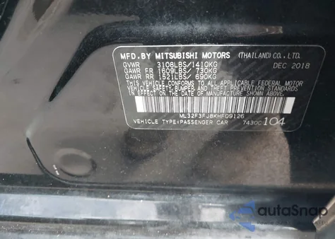 2019 Mitsubishi Mirage G4 Es из США, поврежденный, VIN ML32F3FJ8KHF09126